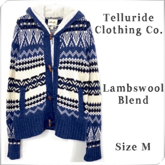 TELLURIDE Clothing Lambswool Fair Isle Stripe Fleece Hood Knit Jacket Blue Sz M - Picture 1 of 10
